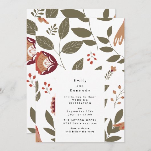 ガーデンフォーク花模様アートバーズボタニカル結婚ズ 招待状 (正面/裏面)