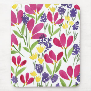 ガーデンフラワーウォーターカラーピンクパープルイエロー マウスパッド