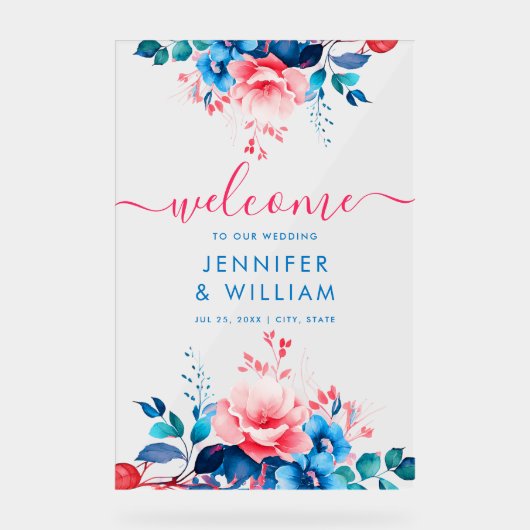 ガーデンフローラス結婚クリプトのウェルカムブルー&ピンク アクリルサイン (正面)
