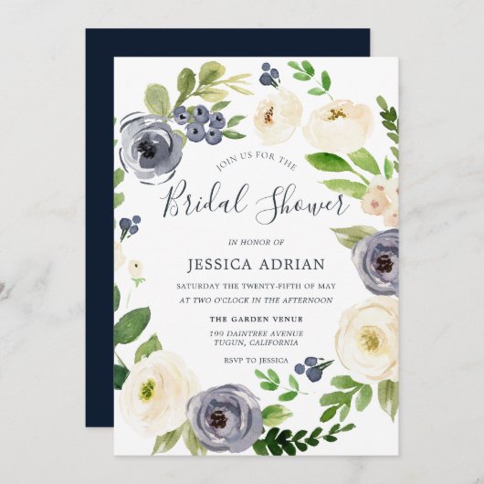 ガーデンフローラネイビー&ホワイトリースブライダルシャワー 招待状 (正面/裏面)