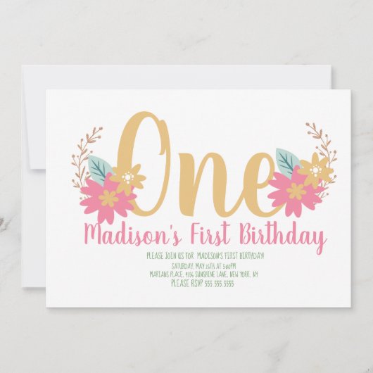 ガーデンフローラピンクパーティーファースト誕生日 招待状 (正面)