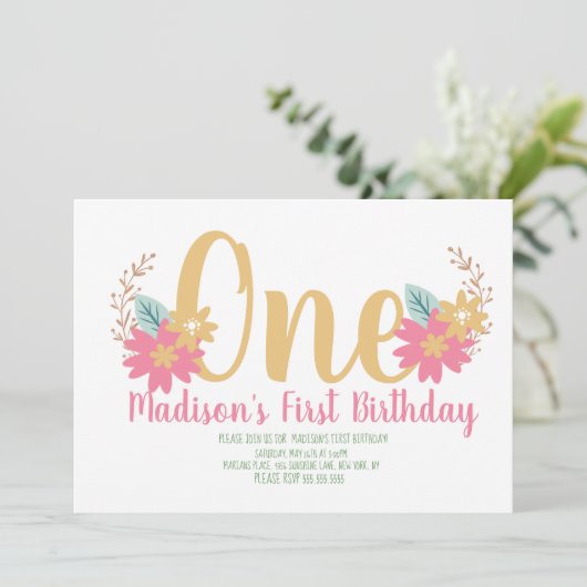 ガーデンフローラピンクパーティーファースト誕生日 招待状 (スタンド正面)