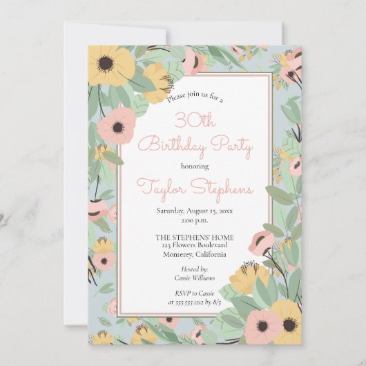 ガーデンフローラピンク|黄色い花束の誕生日パーティー 招待状 (正面)