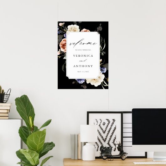 ガーデンフローラフレームエレガントなウェディングウェルカムブラック ポスター (ホームオフィス)