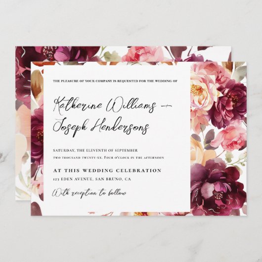 ガーデンフローラブルゴーニュ文字結婚書道 招待状 (正面/裏面)