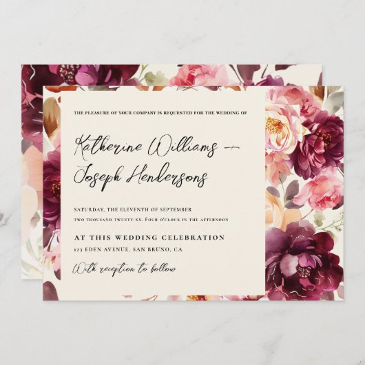 ガーデンフローラブルゴーニュ文字結婚書道 招待状 (正面/裏面)