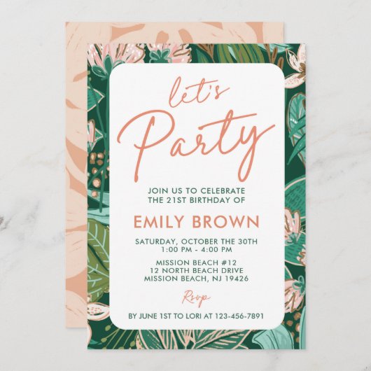 ガーデンフローラレッツパーティー任意の年齢誕生日 招待状 (正面/裏面)