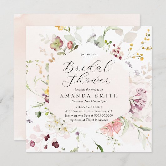 ガーデンフローラワイルドフラワーズ赤面ピンクブライダルシャワー 招待状 (正面/裏面)