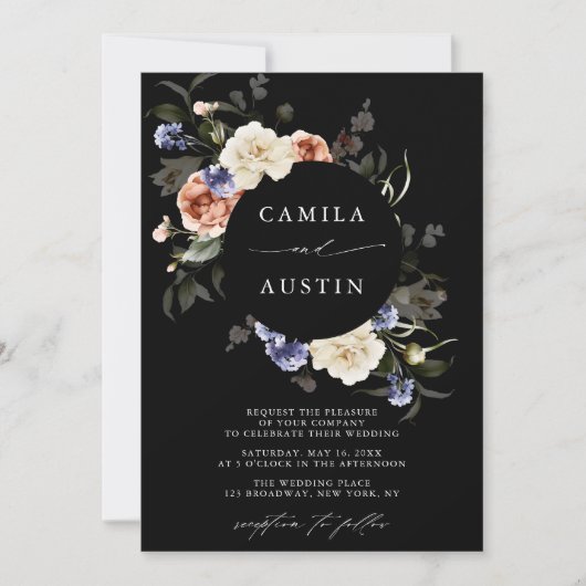 ガーデンフローラ円フレームブラック結婚ズ 招待状 (正面)