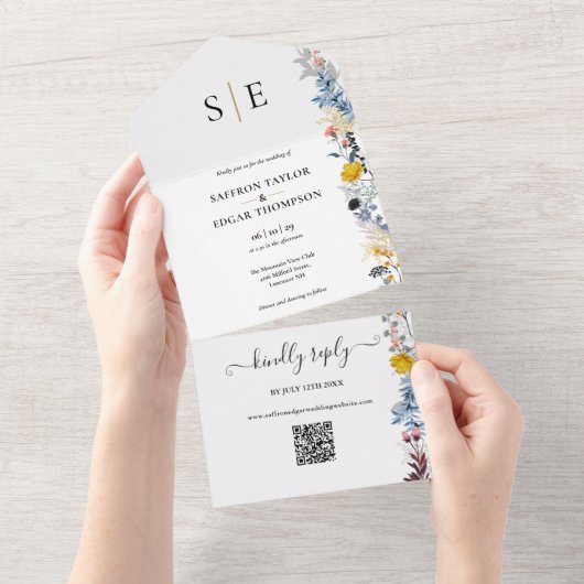 ガーデンフローラQRコードエレガントモノグラム結婚ズ オールインワン招待状 (貼ってはがせる)