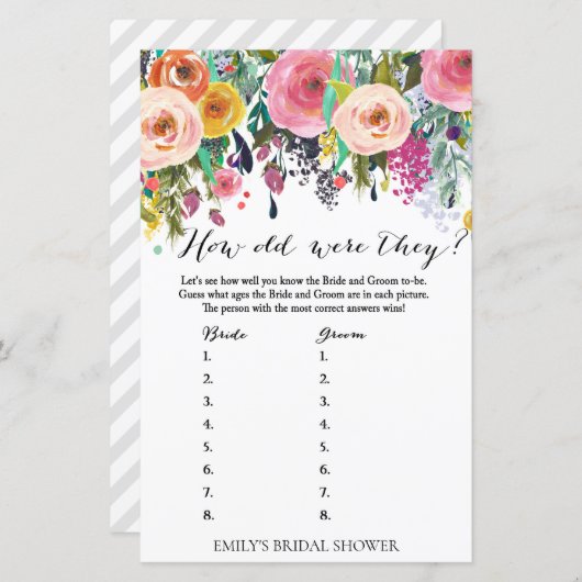 ガーデンブライダルシャワーゲーム – 彼らは何歳だった (正面/裏面)