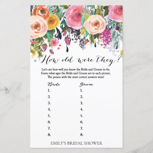 ガーデンブライダルシャワーゲーム – 彼らは何歳だった (正面)