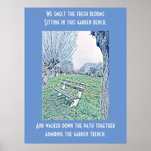 ガーデンベンチ引用文ブルーオータムスカイ抽象芸術アート ポスター (正面)