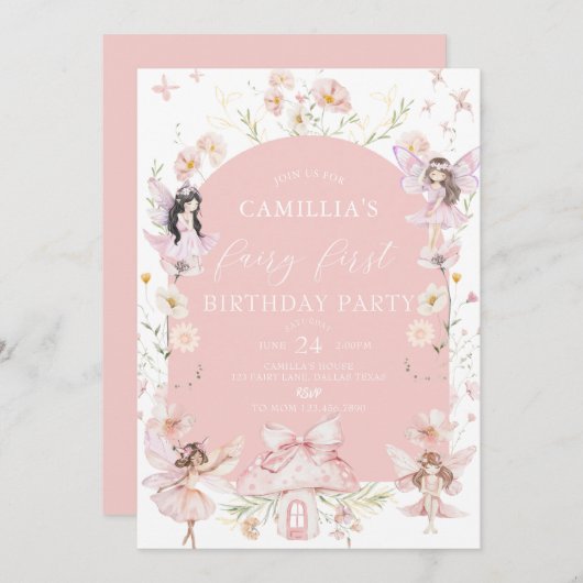 ガーデンボーホアーチエンチャントフェアリーファースト誕生日 招待状 (正面/裏面)