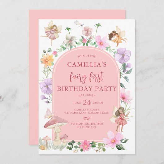 ガーデンボーホアーチエンチャントフェアリーファースト誕生日 招待状 (正面/裏面)