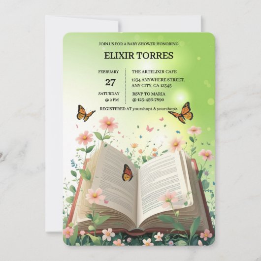 ガーデンモダンストーリーブックフローラベビーシャワー 招待状 (正面)