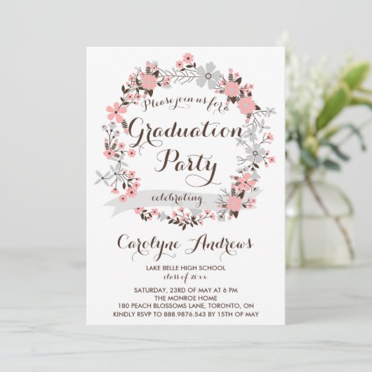 ガーデンリース |ピンクとグレーのフローラ卒業 招待状 (スタンド正面)