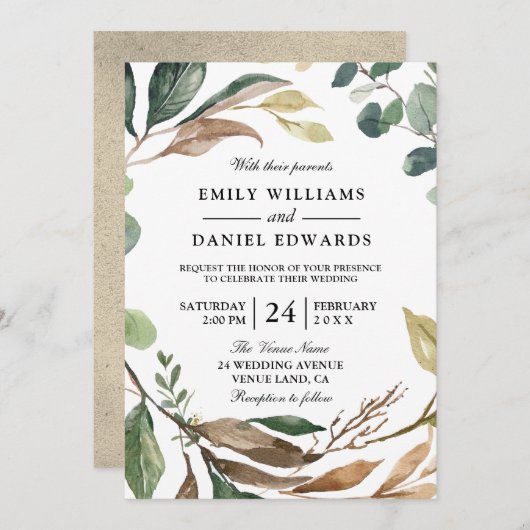 ガーデンリーフリースエレガント秋または春の結婚式 招待状 (正面/裏面)