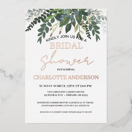 ガーデンリーフ自然緑ブライダルシャワー金ゴールド 箔招待状 (正面)