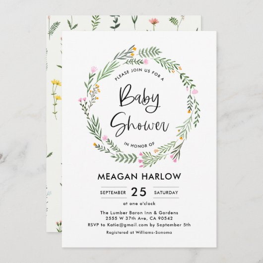 ガーデンワイルドフラワーガールベビーシャワー招待状 招待状 (正面/裏面)