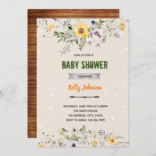 ガーデンワイルドフラワーシャワー誕生日の招待状 招待状 (正面/裏面)