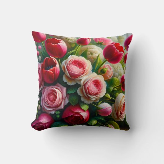 「ガーデン交響楽団：バラとチューリップの雨滴」 クッション (正面)