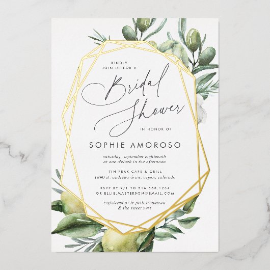 ガーデン地中海のグリーンボタニカルブライダルシャワー 箔招待状 (正面)