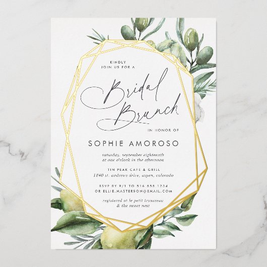 ガーデン地中海のグリーンボタニカルブライダルブランチ 箔招待状 (正面)