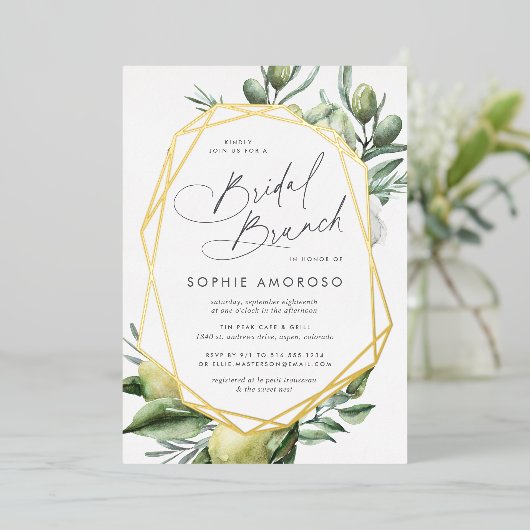 ガーデン地中海のグリーンボタニカルブライダルブランチ 箔招待状 (立ち正面)