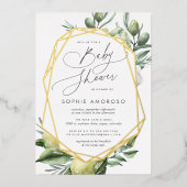ガーデン地中海のグリーンボタニカルベビーシャワー 箔招待状 (正面)