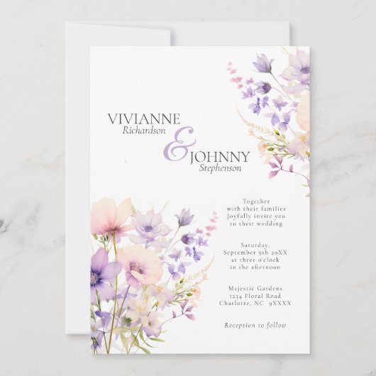 ガーデン威厳のあるワイルドフラワーラベンダー結婚ズ 招待状 (正面)