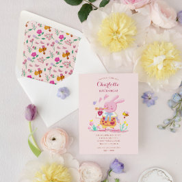 ガーデン子供の誕生日の水色ピンクのバンニー 招待状