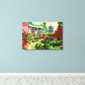 ガーデン日本のパゴダ桜と滝 キャンバスプリント (インサイチュ (ウッドフロア))