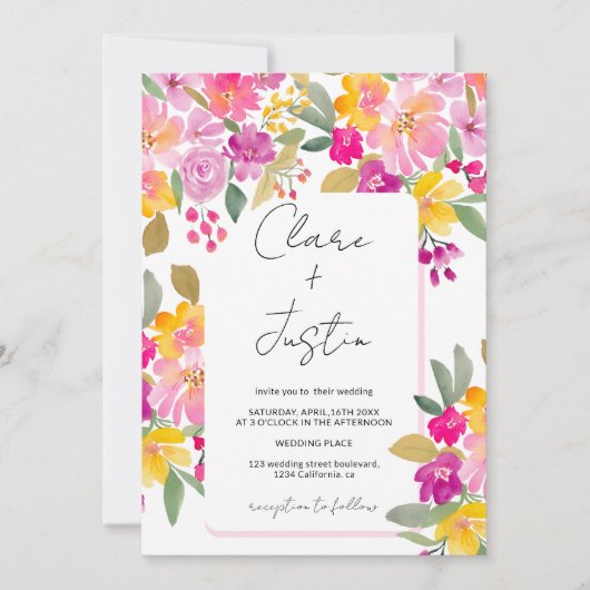 ガーデン春サマーウォーターカラーフローラ結婚ズ 招待状 (正面)