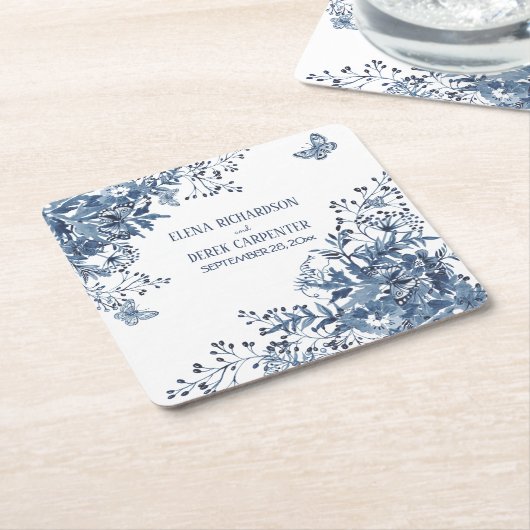 ガーデン素朴ブルーホワイトウォーターカラーフローラ結婚ズ スクエアペーパーコースター (アングル)