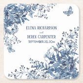 ガーデン素朴ブルーホワイトウォーターカラーフローラ結婚ズ スクエアペーパーコースター (正面)