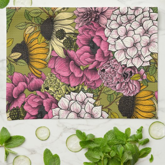 ガーデン花模様2 キッチンタオル (折り畳み)