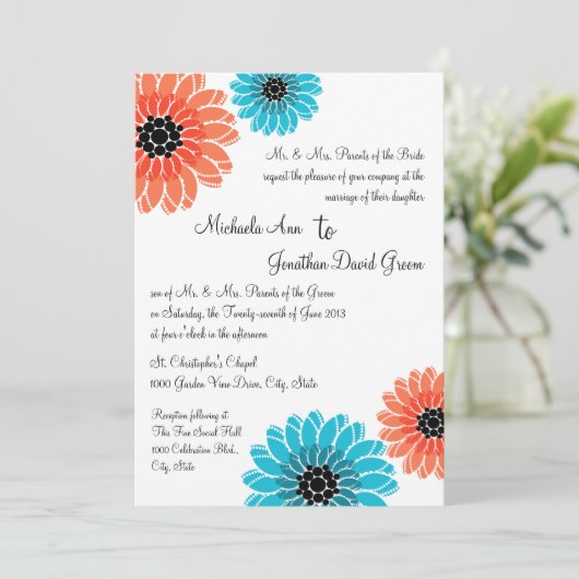 ガーデン芸術的コーラルアンドブルー結婚ズ 招待状 (スタンド正面)