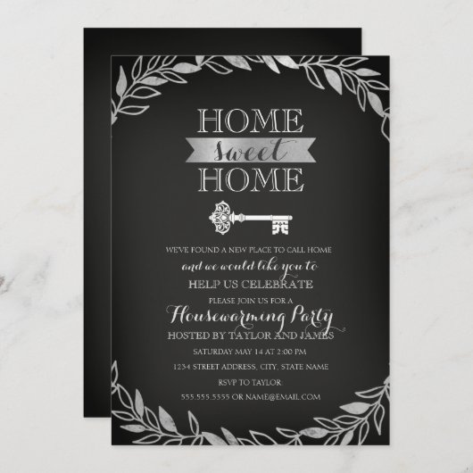 ガーデン鍵シルバーシャルボード引っ越し祝いパーティー招待状 招待状 (正面/裏面)