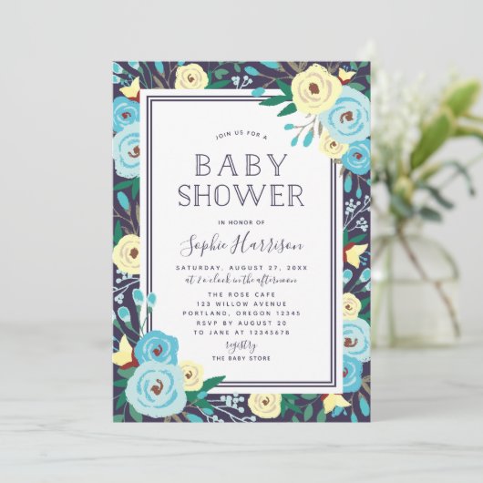 ガーデン開花フローラブルーベビーシャワー 招待状 (スタンド正面)