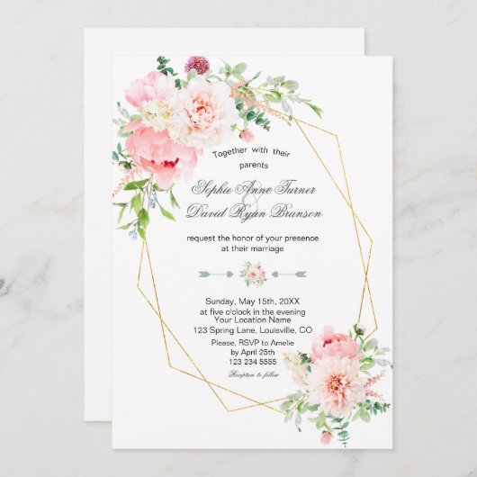 ガーデン開花赤面フラワーズ結婚金ゴールド 招待状 (正面/裏面)