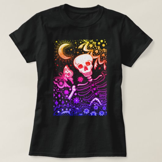 ガーデン骨格の骨、フォークアートムーン、蛾 Tシャツ (デザイン正面)