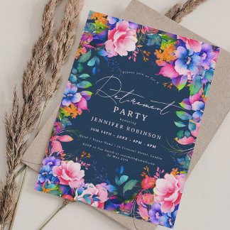 ガーデン鮮やかフローラ退職パーティーネイビーブルー 招待状