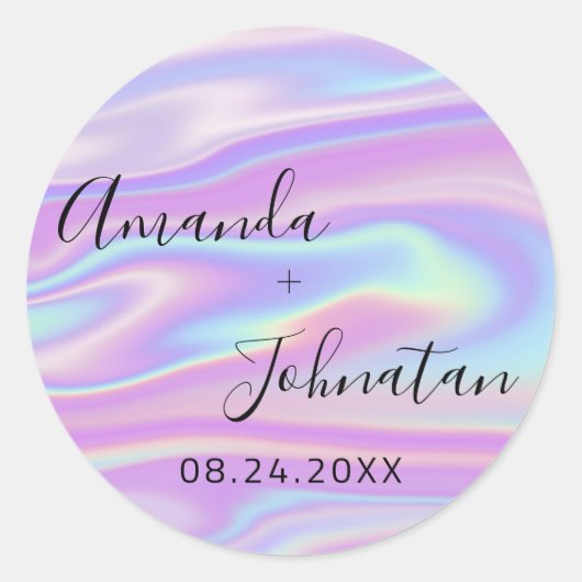 ガーデン シンプリー ネーム デート ブラック ホログラフィック ラウンドシール (正面)