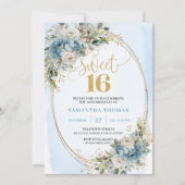 ガーデン ダスティブルー フラワー Sweet 16 誕生日  招待状 (正面)