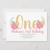 ガーデン フラワール ピンク パーティー ファースト バースデー 招待状 (正面)