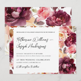 ガーデン フローラル バーガンディ スクリプト カリグラフィー ウェディング 招待状