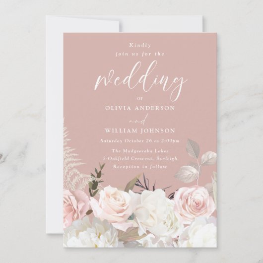 ガーデン ブラッシュ & ホワイト フローラル モーブ ウェディング 招待状 (正面)