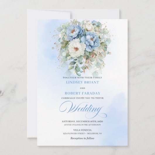 ガーデン ボヘミアンダスティーブルー ホワイト ピオニー ウェディング 招待状 (正面)