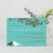 ガーデン·ラブ·バード·ティール（緑がかった色）モダン·エレガ結婚ンスズ 招待状 (スタンド正面)